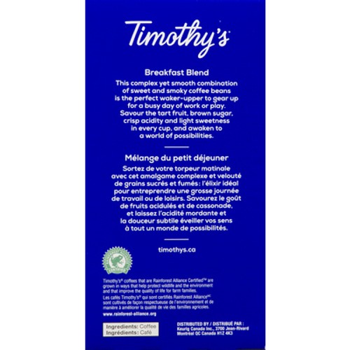 Timothy's Coffee Pods Breakfast Blend Light Roast 30 K-Cups 294 g