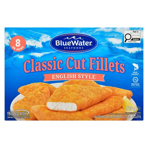 BlueWater Seafoods Frozen Battered Alaska Pollock Classic-Cut Fillets English Style 725 g