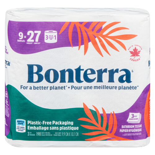 Bonterra Toilet Paper 3-Ply 9 Triple Rolls x 198 Sheets