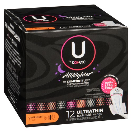 U By Kotex All Nighter Ultra Thin Pads Overnight With Wings 12 Count