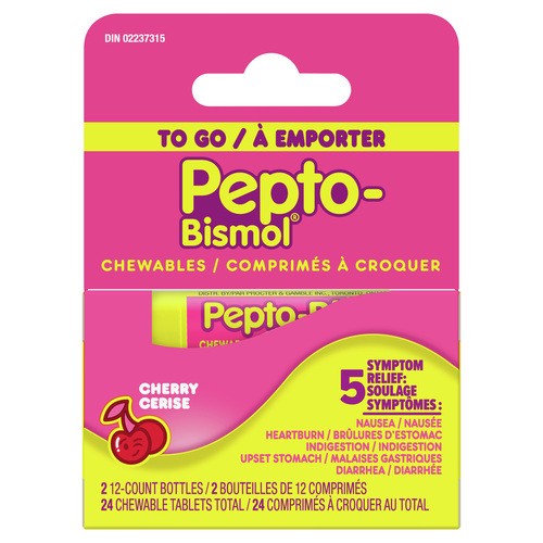 Pepto Bismol To-Go Stomach Relief Cherry 2 Bottles 24 Chewable Tablets