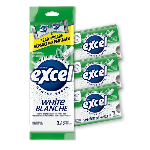 EXCEL Sugar Free Teeth Whitening Chewing Gum White Spearmint Flavoured Pack of 18 Pieces 3 EA