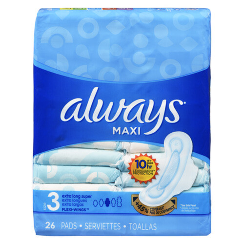 Maxi Pads Extra Long with Wings, Super, Size 3, Unscented, 26 units –  Always : Pads and cup