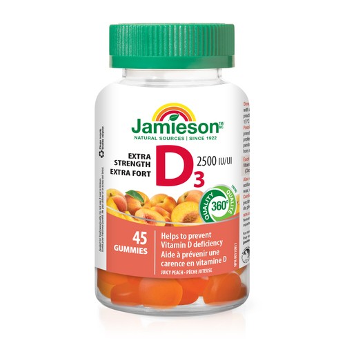 Jamieson Vitamins D3 2500 IU Extra Strength Gummies Juicy Peach 45 Count