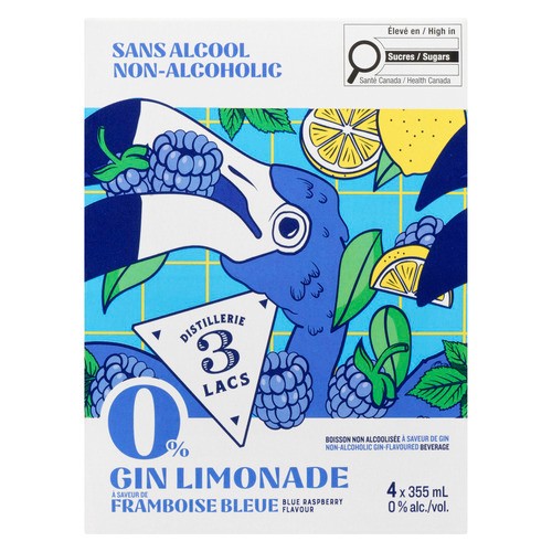 Distillerie 3 Lacs Non Alcoholic Gin Limonade Blue Raspberry 4 x 355 ml (cans)