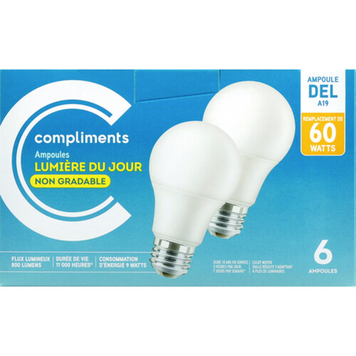 Compliments LED Light Bulbs A19 60W Daylight Non Dimmable 6 EA