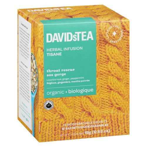 DAVIDsTEA Organic Herbal Infusion Tea Throat Rescue 12 Sachets 
