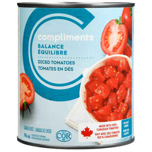 Compliments Balance Canned Diced Tomatoes No Salt Added 796 ml