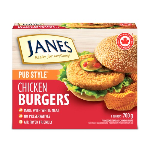 Janes Breaded Fully Cooked Frozen Chicken Burgers Pub Style 700 g