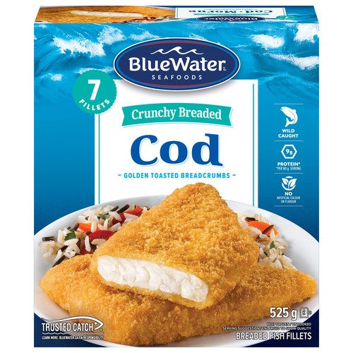 BlueWater Seafoods Frozen Crunchy Breaded Cod Fillets 525 g