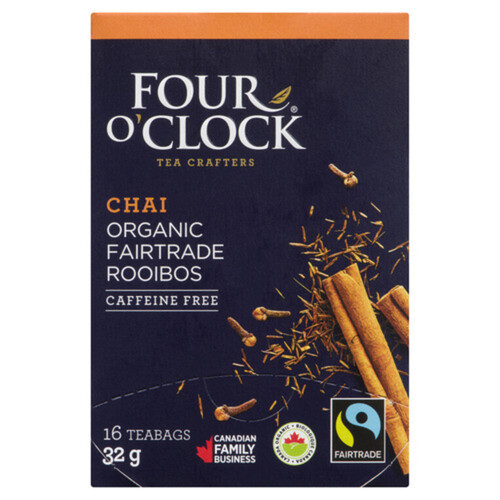 Four O'Clock Caffeine-Free Organic Chai Tea Rooibos 16 Tea Bags