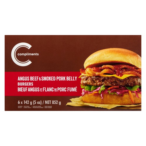 Compliments Frozen Burgers Angus Beef & Smoked Pork Belly 6 x 142 g 