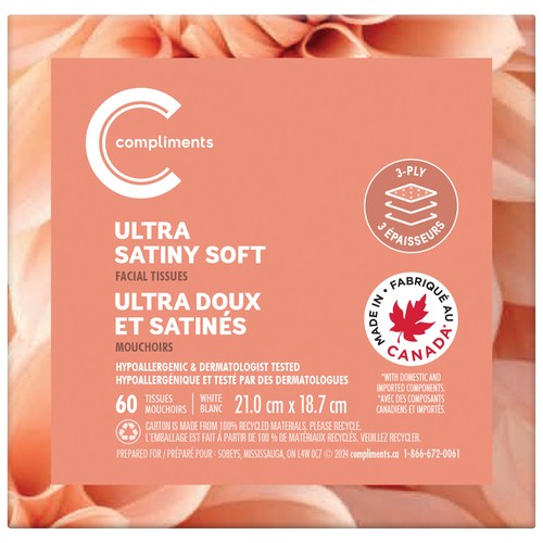 Compliments Facial Tissue Ultra Satiny Soft 3-Ply 60 Sheets 