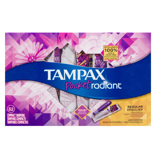 Tampax Pocket Radiant Tampons Regular Unscented 32 Count