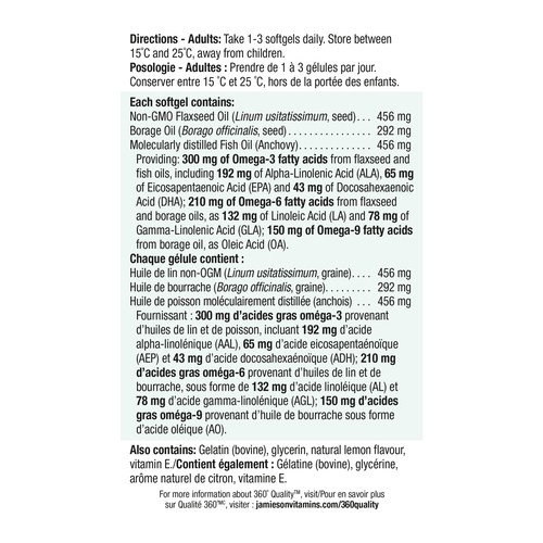 Jamieson Omega 3-6-9 Supplement No Fishy Aftertaste Softgels 180 Count