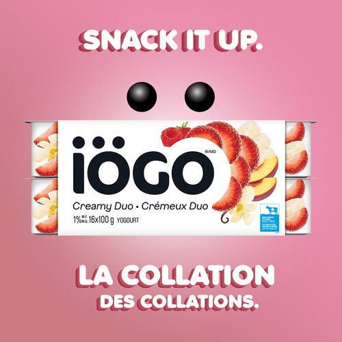 iÖGO 1% Yogurt Cups Creamy Strawberry Duos Banana Peach Raspberry Vanilla 16 x 100 g