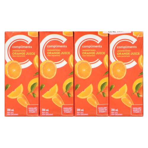 Compliments Juice Unsweetened Orange 8 x 200 ml