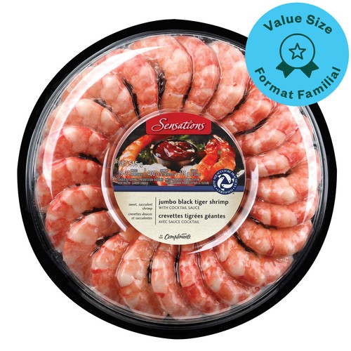 Sensations Frozen Shrimp Jumbo Black Tiger With Cocktail Sauce (21-25 Pieces) 515 g