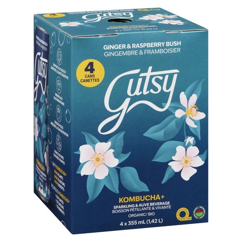 Gutsy Kombucha+ Sparkling & Alive Beverage Ginger & Raspberry Bush 4 x 355 ml (cans)