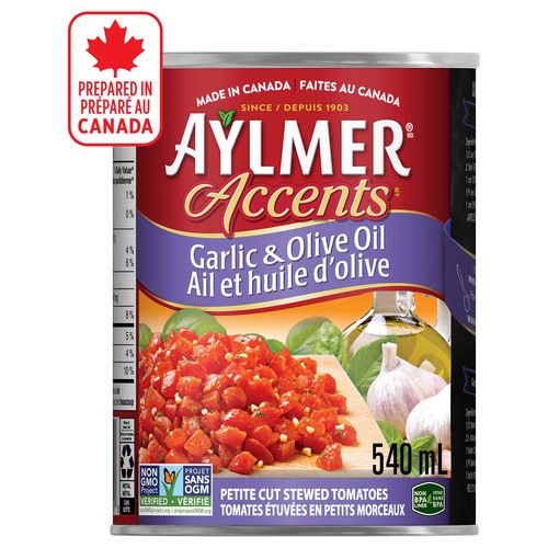 Aylmer Accents Petite Cut Stewed Tomatoes Garlic & Olive Oil 540 ml