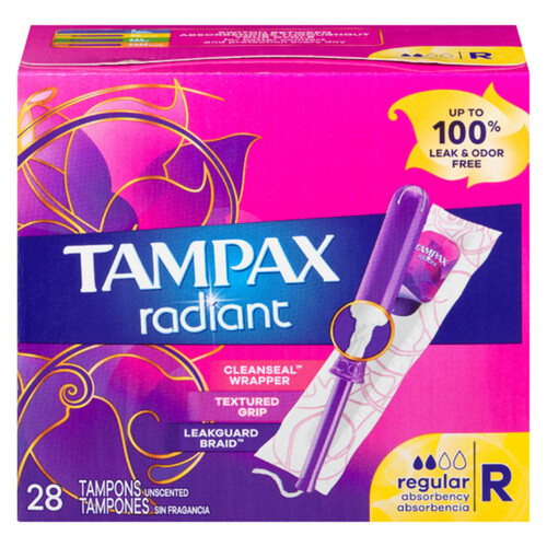 Tampax Radiant Tampons Regular Unscented 28 Count