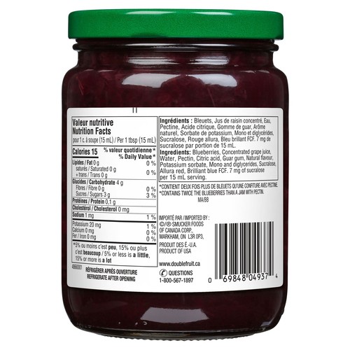 Double Fruit Sugar Free Jam Blueberry 375 ml