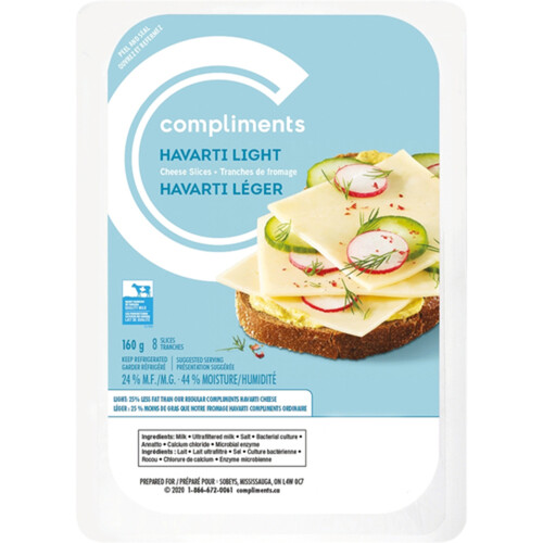 Compliments Sliced Cheese Light Havarti 8 Slices 160 g