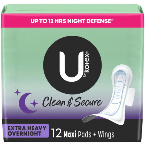 U by Kotex Clean & Secure Overnight Pads Maxi With Wings 12 Count