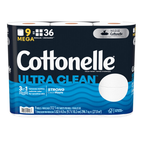 Cottonelle Toilet Paper Ultra Clean Strong 9 Mega Rolls x 312 Sheets 