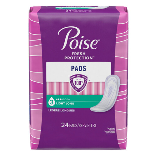 Poise Light Absorption Pads Long Length Without Wings 24 Count