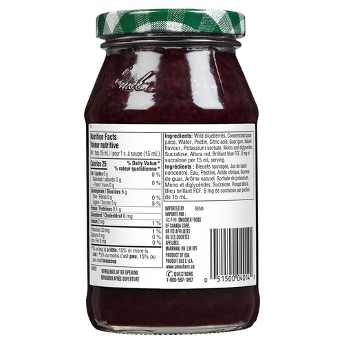 Smucker's No Sugar Added Jam Wild Blueberry 310 ml