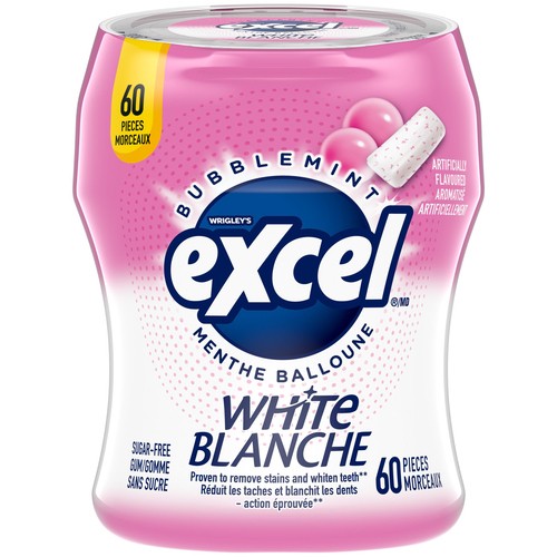 EXCEL Sugar Free Teeth Whitening Chewing Gum White Bubblemint Flavoured Bottle of 60 Pieces 1 EA