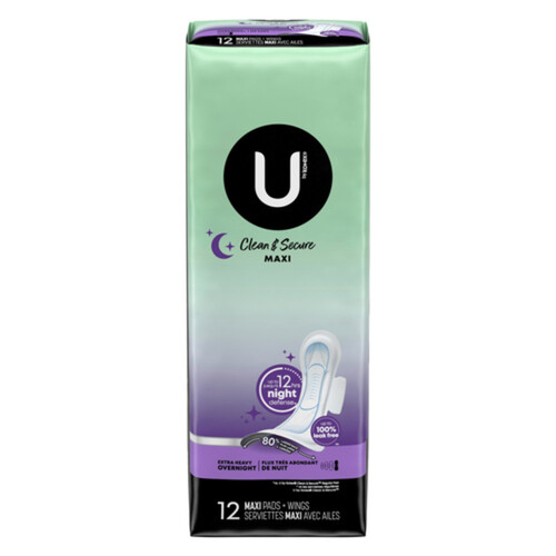 U by Kotex Clean & Secure Overnight Pads Maxi With Wings 12 Count