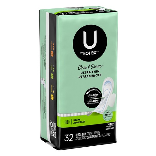 U by Kotex Clean & Secure Ultra Thin Pads with Wings Heavy 32 Count