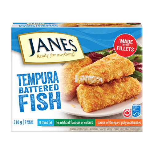 Janes Frozen Tempura Battered Breaded Pollock Fish Uncooked 510 g