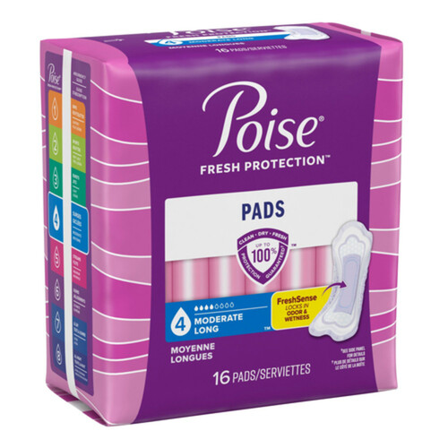 Poise Moderate Absorption Pads Long Length Without Wings 16 Count