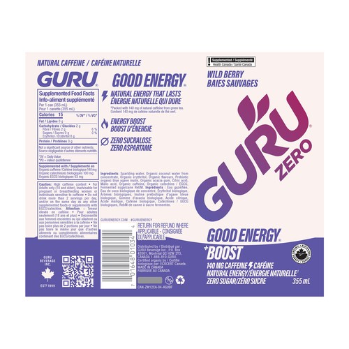 Guru Zero Organic Energy Drink Wild Berry 24 x 355 ml (cans)