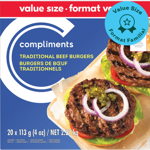Compliments Frozen Traditional Beef Burger 20 Patties 2.27 kg