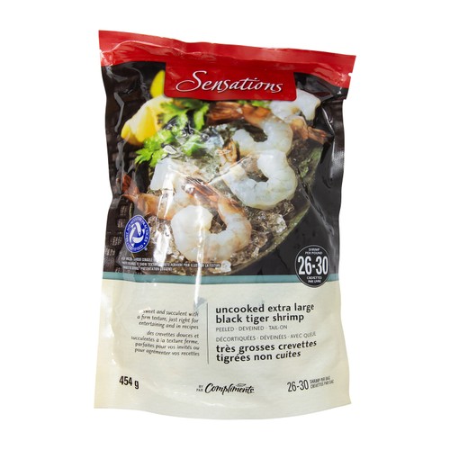 Sensations Frozen Shrimp Extra Large Uncooked Peeled Black Tiger (26-30 Pieces) 454 g