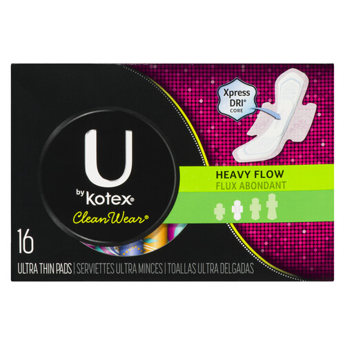 U by Kotex Clean Wear Heavy Flow Ultra Thin Pads With Wings 16 Count