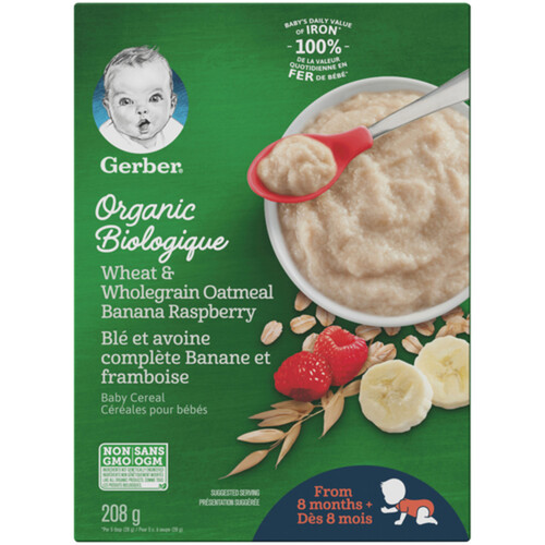 Gerber Organic Baby Cereal Wheat & Wholegrain Oatmeal Banana & Raspberry 208 g