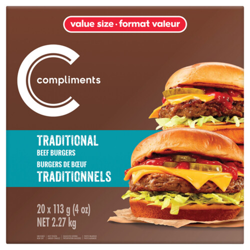 Compliments Frozen Beef Burger Traditional 20 Patties 2.27 kg