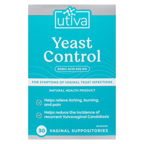 Utiva Yeast Control Boric Acid 600 mg Vaginal Suppositories 30 Count