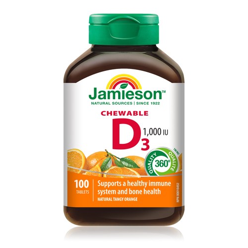 Jamieson Vitamin D3 Supplements Chewable Tablets Natural Orange 100 Count
