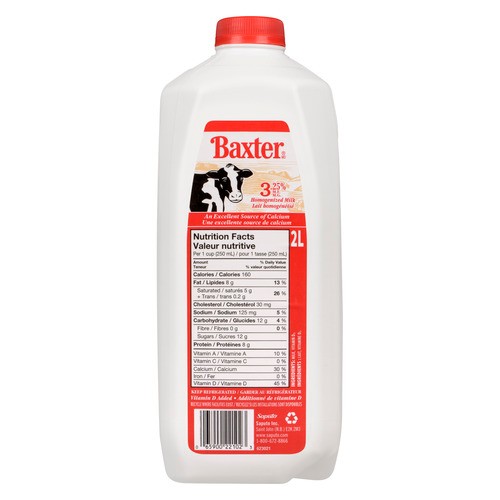 Baxter 3.25% Homogenized Milk Jug  2 L