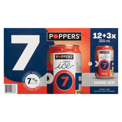 Poppers Hard Ice Alcoholic Malt 7% Alcohol Lemon & Lime 15 x 355 ml (cans)