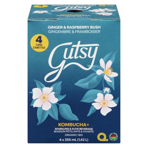 Gutsy Kombucha+ Sparkling & Alive Beverage Ginger & Raspberry Bush 4 x 355 ml (cans)