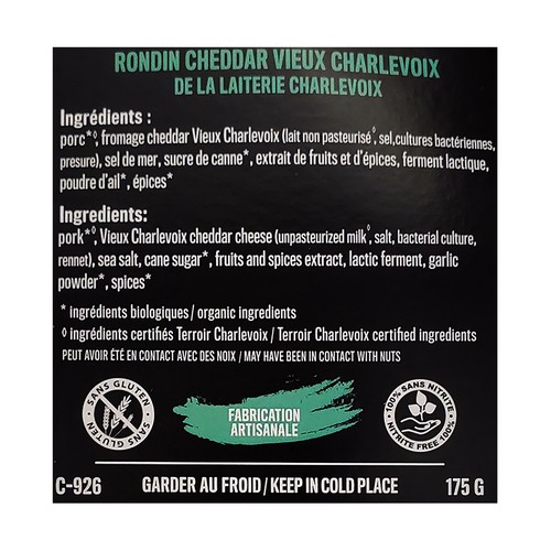 Charlevoix Organic Meats Sausage Cheddar Cheese 175 g
