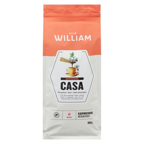 Café William Whole Bean Coffee Casa Espresso Medium Roast 800 g