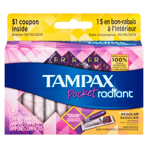 Tampax Pocket Radiant Compact Tampons Regular Unscented 3 Count